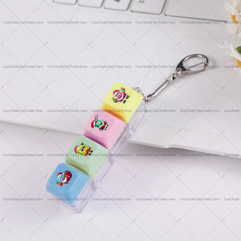 SpongeBob 4 Keys Mechanical Keyboard Fidget Keychain Christmas Cartoon Keycap Switch Tester Stress Relief Click Fidget Toy Gift