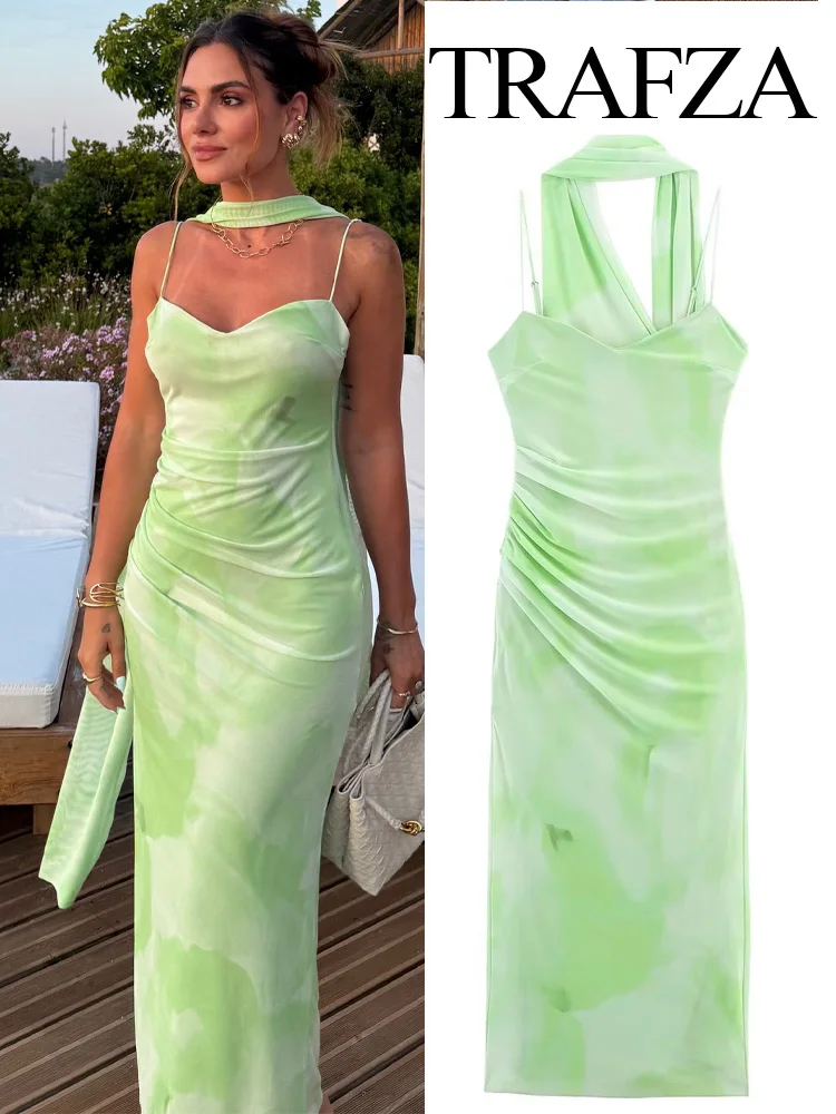 

TRAFZA Women's Summer Vacation Light Green Romantic Scarf Decorated Tulle Midi Dress Female Sexy Backless Slim Sling Dress Mujer