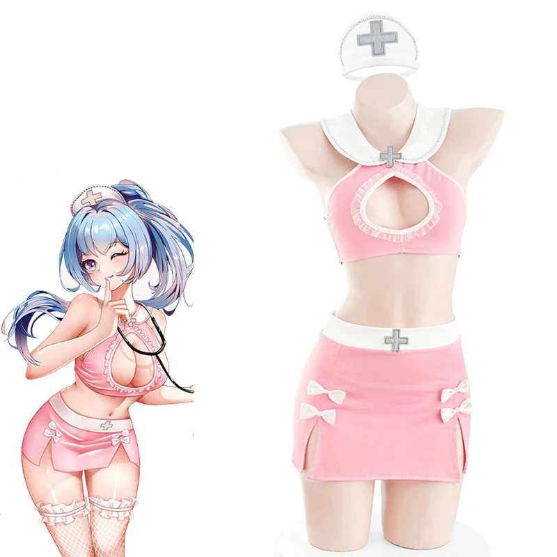 Uniforme de enfermeira com arco oco para mulheres, roupas anime, fantasias cosplay, doce menina, rosa, fofo