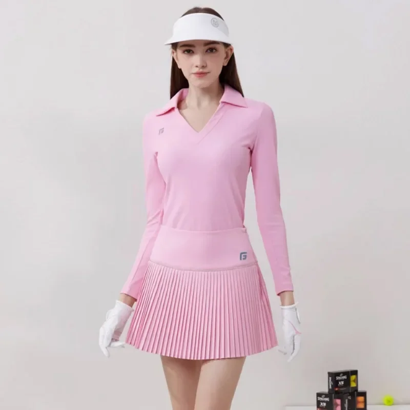 Golfist Autumn Ladies Slim V-neck Shirt Long Sleeve Sporty Tops Women A-line Golf Skirts Bow Tie Anti-empty Pleated Skorts Suits