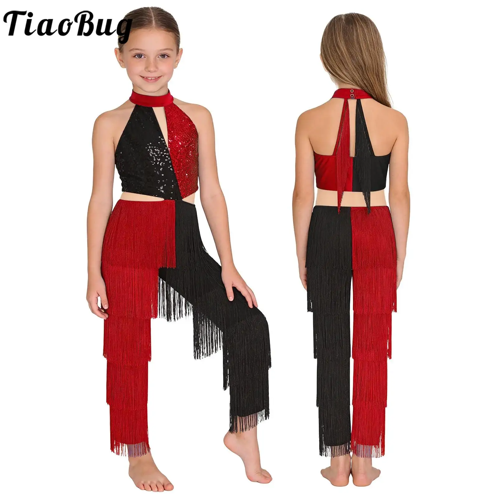 Kids Girls Modern Latin Jazz Dance Jumpsuit Halter Sleeveless Shiny Sequin Tassel Bodysuit Ballroom Tango Salsa Samba Dancewear