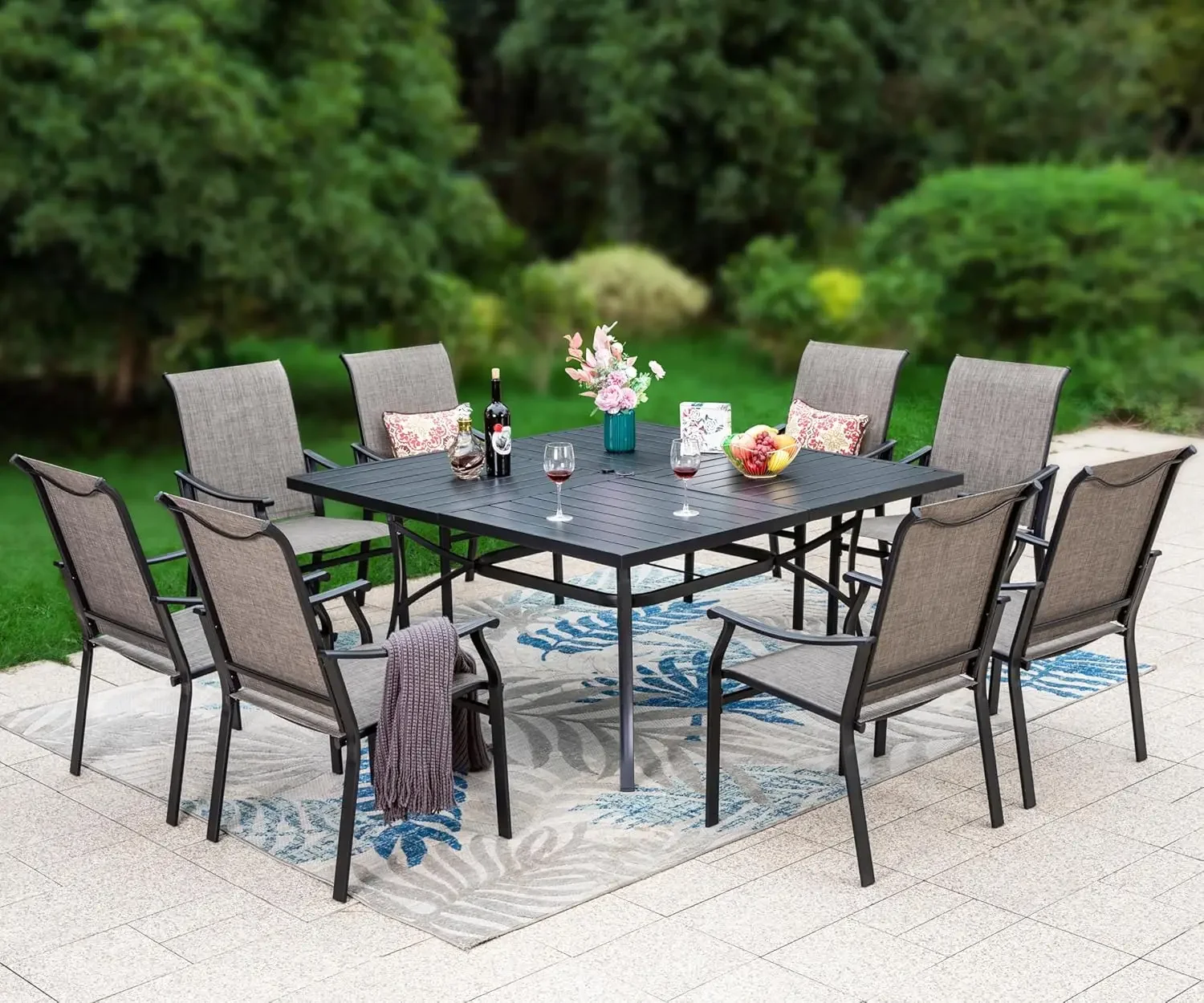 

Patio Dining Set 9 Pieces, 8 Quick Dry Textilene Chairs and 1 Large Square Outdoor Dining Table, Park