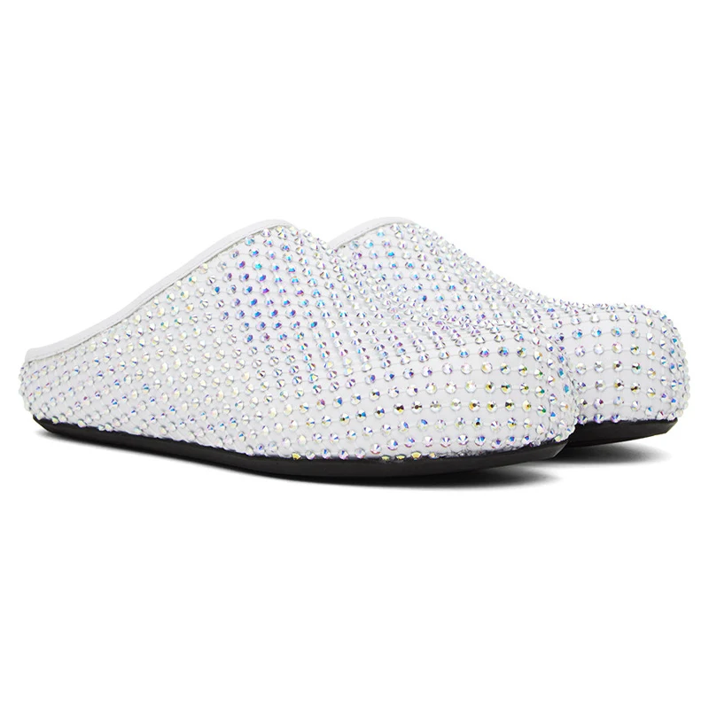 New Women\'s Rhinestone Half Head Slippers White Coloured Diamond Catwalk Show Round Toe Flat Shoes Wedding Spring Party Shoes