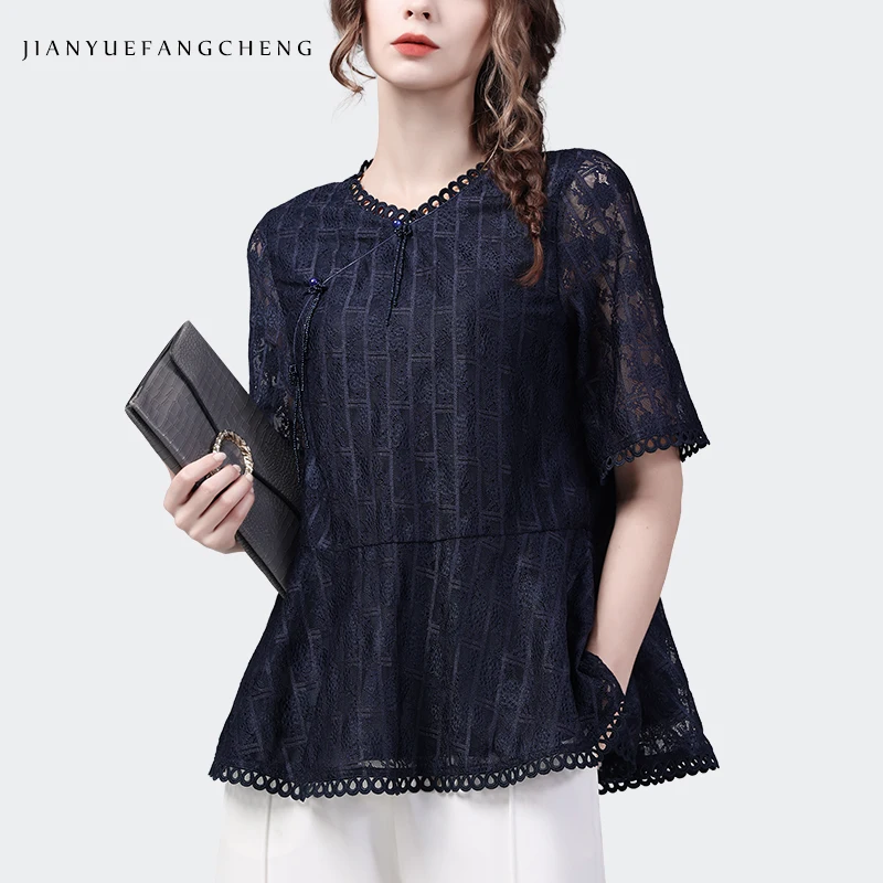 Vintage Dark Blue Women Short Sleeve Lace Top Loose Plus Size Casual Spring Summer Blouses Chic Hollow Out Floral Shirts