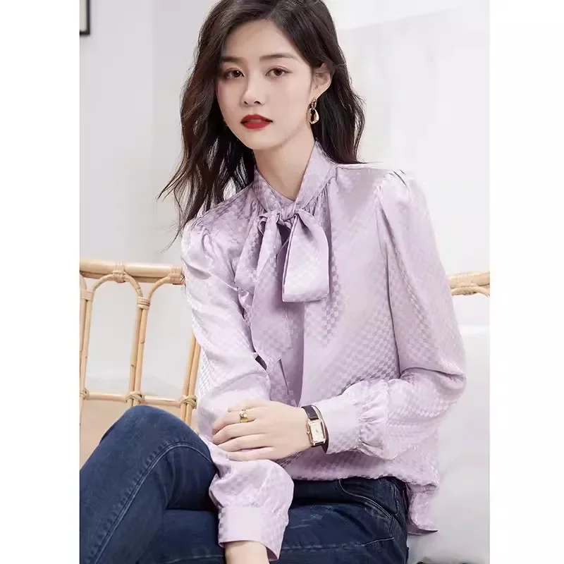 

High End Brand Purple Heavyweight Silk Shirt, Spring And Summer New Ribbon Jacquard Mulberry Silk Shirt, Women's Long Sleeved To