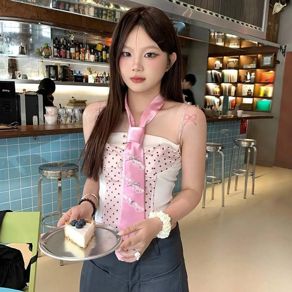 مزاجه متعدد الاستخدام الشريط ربطة القوس فيونكة Y2K رقيقة الساتان ربطة العنق الطويلة الدانتيل الوردي وشاح طويل ضيق يوميا