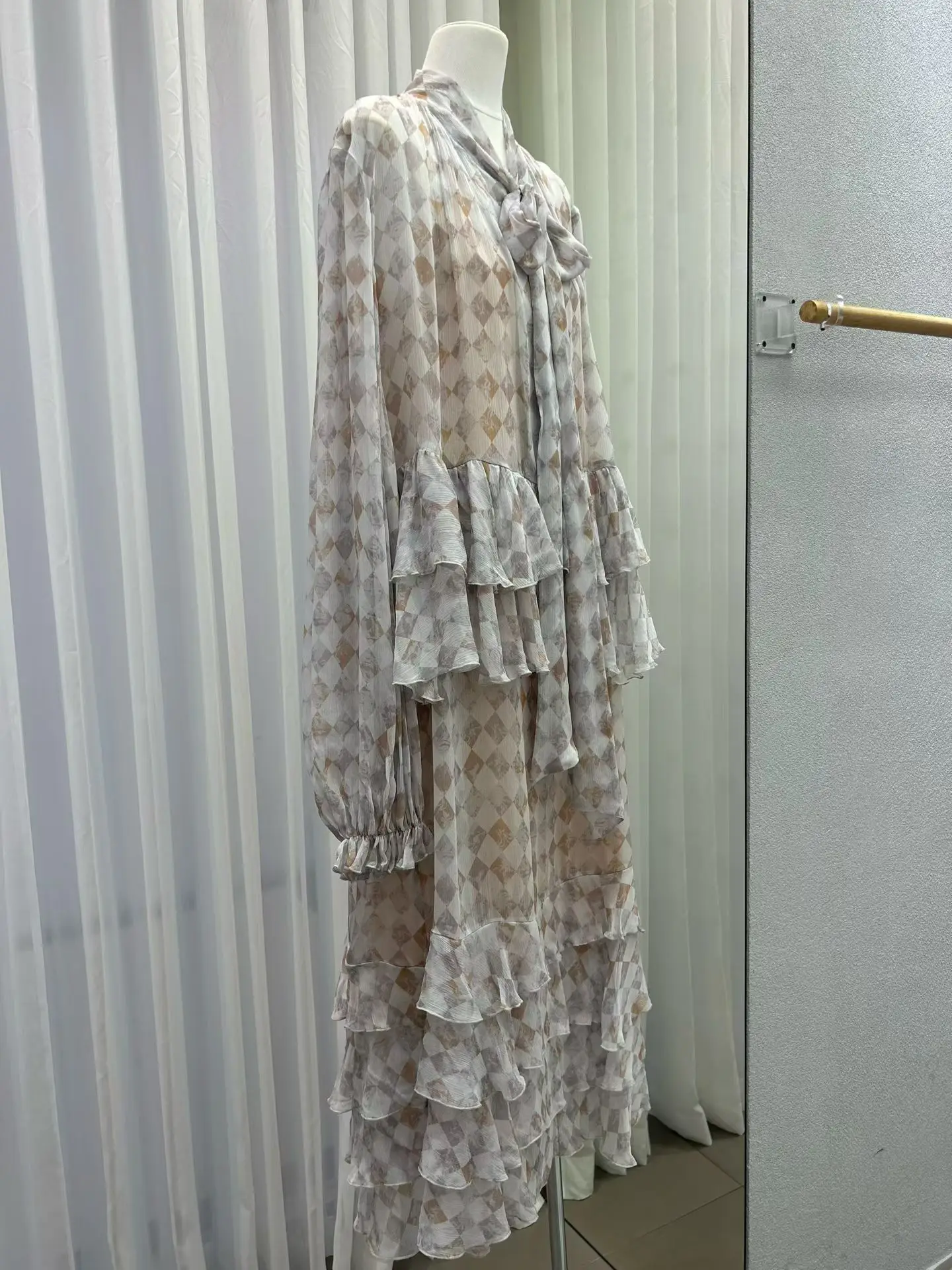 Vestido maxi em camadas feminino com gola de renda manga comprida solto roupão xadrez feminino