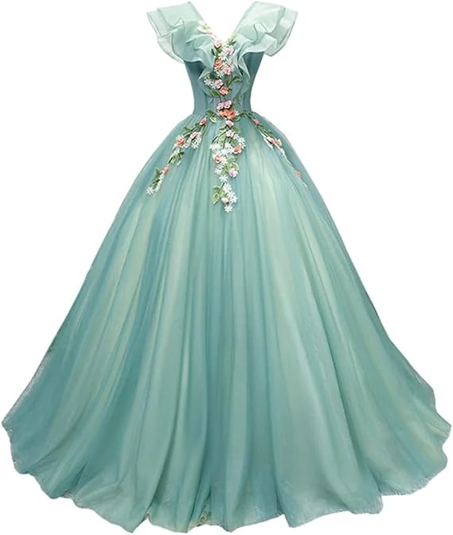

Green Girls' Appliques Tulle Ball Quinceanera Dress Sweet 15 Birthday Party Gala Pageant Gown Lace-up