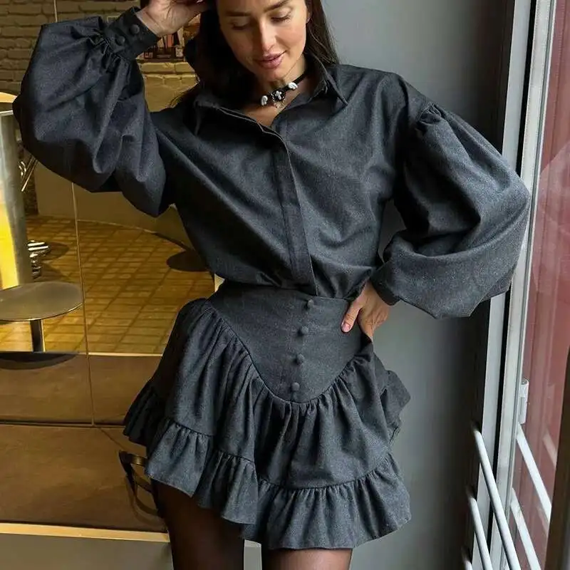 عادية التلبيب زر قميص التنقل الدعاوى أنيقة كشكش حافة تنورة صغيرة وتتسابق الربيع منقوشة طباعة فضفاضة المرأة 2 قطعة مجموعات