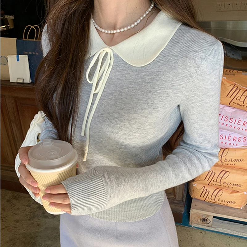 Women Girls Autumn Sweet Knitted Tops Fashion Contrast Color Long Sleeve Doll Collar Tie Front Slim Fit Crop Knitwear Y2K