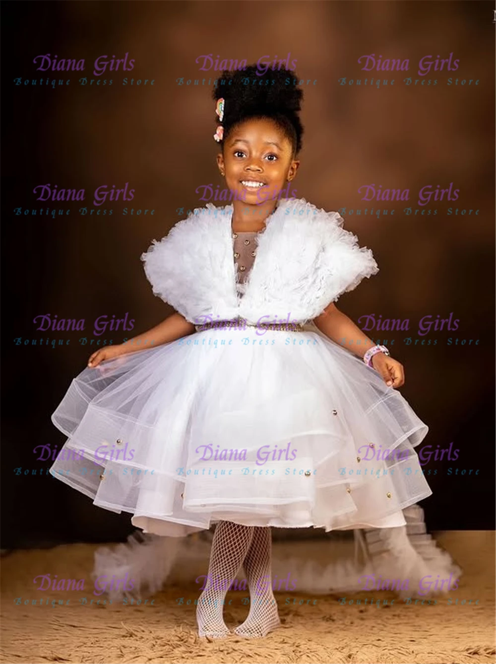 White Elegant Little Princess Girls Flower Girl Dress Tulle Fluffy Trail for Kids Wedding Birthday Party Evening Ball Gowns