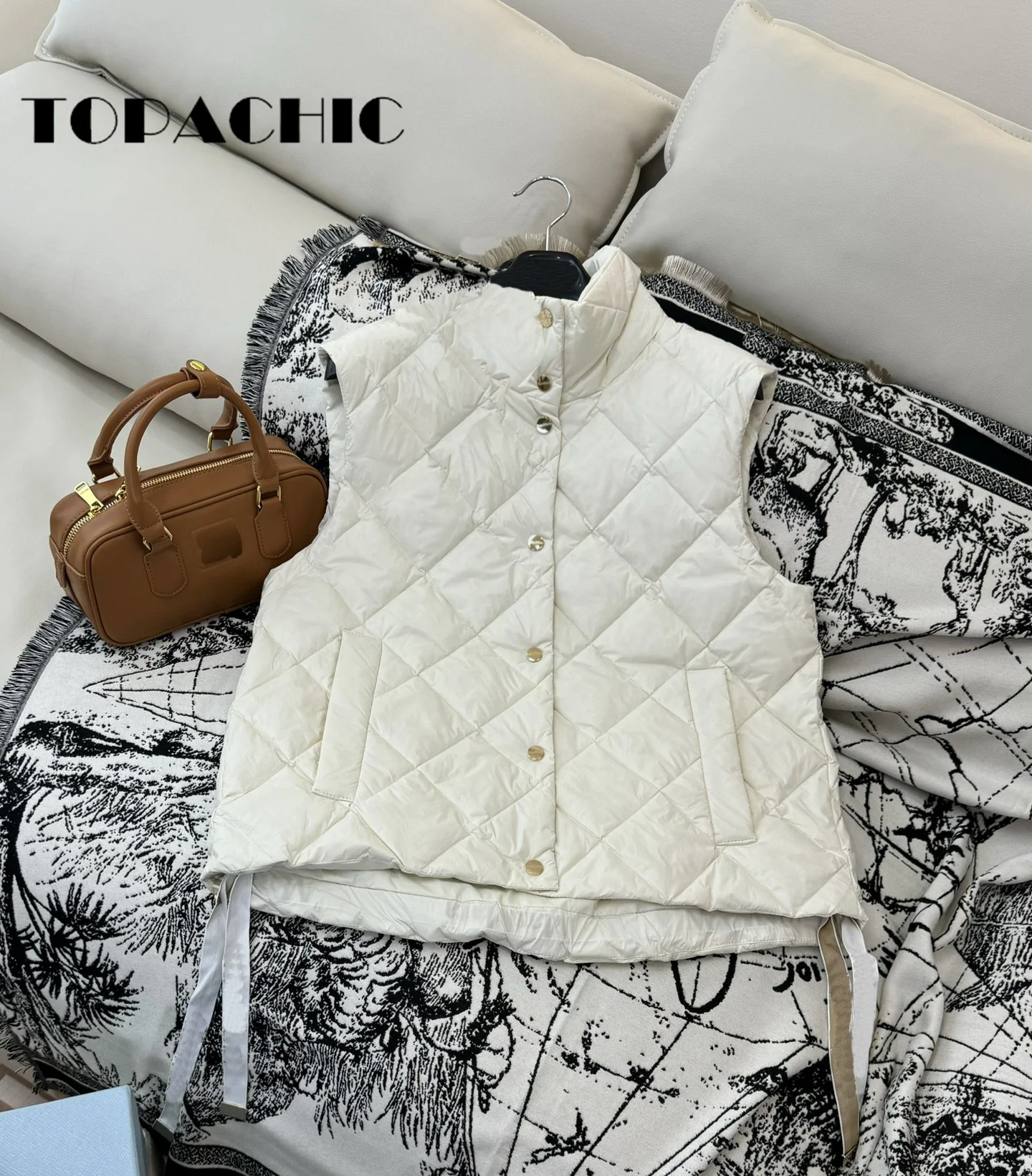 9.4 TOPACHIC Women\'s Quilted Argyle Plaid Goose Down Vest Solid Color Stand Collar Hem Lace-up All-matches Down Vest Outerwear