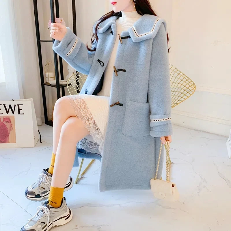 Lamb Wool Coat Women 2022 Autumn Winter New Fashion Loose All-match Casual Woolen Jacket Long Doll Collar Horn Buckle Outerwear