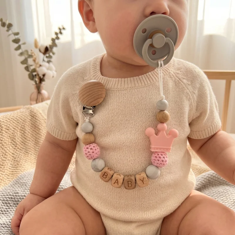 Personalized Name Pacifier Clip Silicone Beads Crown Teether Holder BPA Free Baby Dummy Chain Custom Soother Strap Shower Gift
