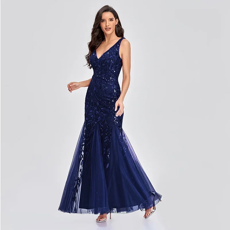 

High Quality Women's Luxurious V-neck Chiffon Embroidered Sequin Evening Gown Fashionable European and American Sexy Ball Dress