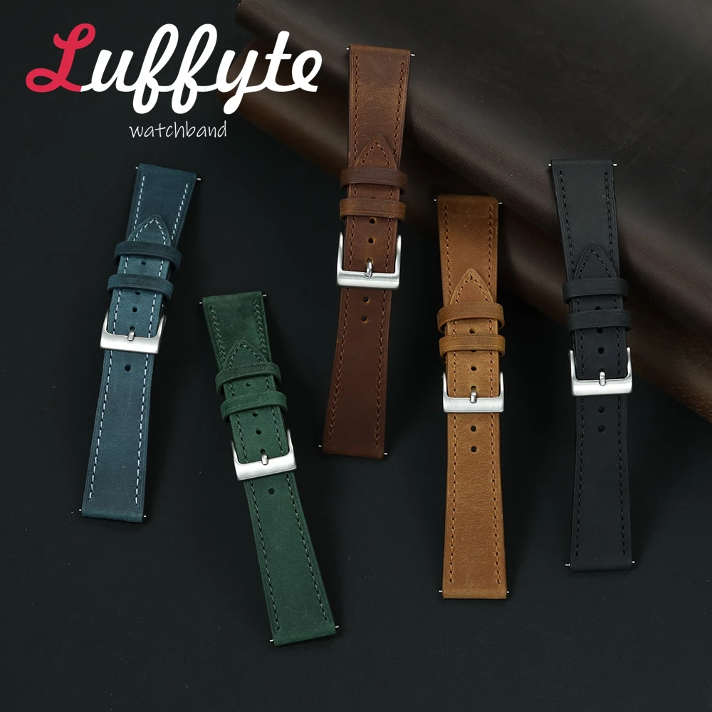 Vintage Office Wear Watchband 18mm 19mm 20mm 21mm 22mm Men's Cowhide Strap Quick Release Crazy Horse Leather Wristband image 2