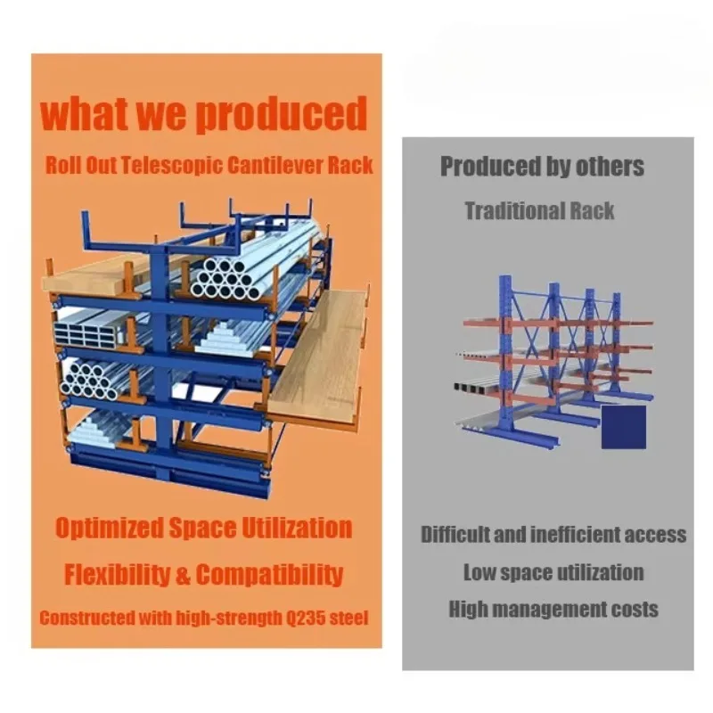 Roll Out Telescopic Cantilever Rack Sturdy Structure Roll Out Telescopic Cantilever Rack Matel Pipe Rack
