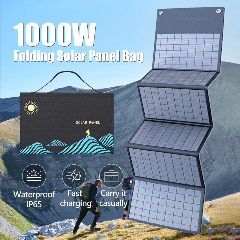 1000W Foldable Solar Panel Bag with Dual USB & DC Output – Portable Fast Charger for Outdoor Power Supply and Camping Adventures
