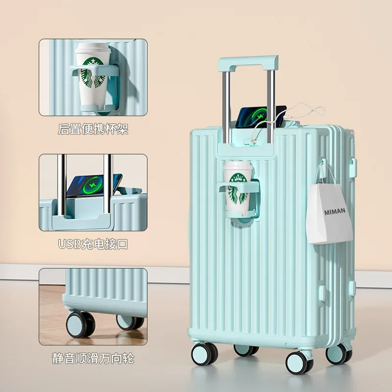 Boarding Box Travel Suitcase Large Capacity Trolley Case Student Rolling Luggage Multifunctional Trunk Cup Holder USB Charging