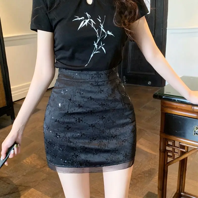 Retro Neue Chinesische Temperament Pailletten Bestickt Rock Weibliche Sommer Spice Girl Hohe Taille A-wort Hüfte Rock