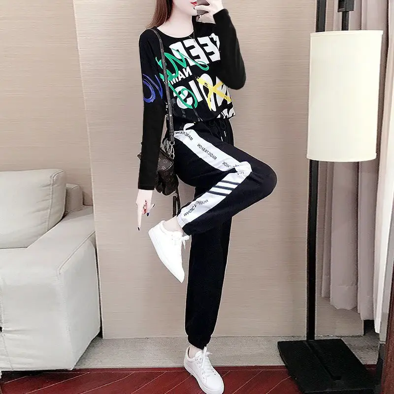 Women's Spring Autumn 2024 New Casual Suit Korean Loose Stylish Long Sleeve Crop Top And Pants 2 Two Piece Sports Set For Women