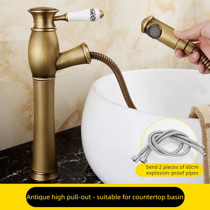 Retro pull-out faucet for antique full-copper bathroom basin, sink, shower head, hot and cold water bathroom cabinet