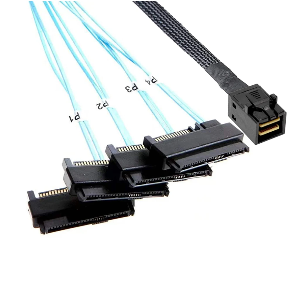 

SFF-8643 Internal Mini SAS HD to (4) 29pin SFF-8482 connectors with SATA 15pin Port 2 in 1 Cable