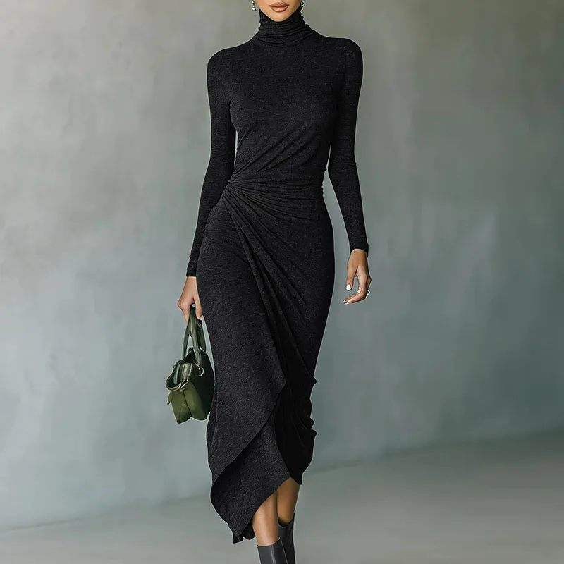 2026 Spring Casual Turtleneck Slim Irregular Dress Woman Elegant Solid Draped Long Dress New Autumn Long Sleeve Femme Boho Dress