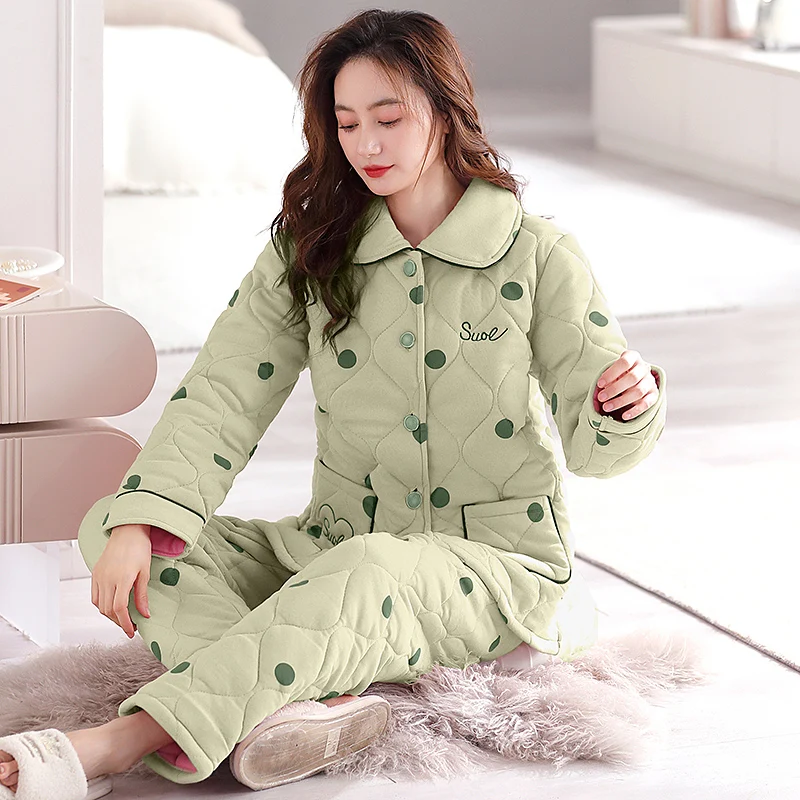 Women's pajamas winter cotton-padded cardigan polka dot design winter three layer thick home clothing thermal insulation set