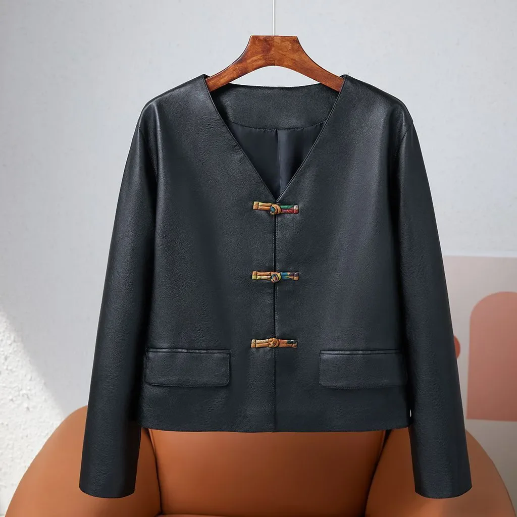 Primavera outono nova jaqueta de couro outwear feminino novo estilo chinês moda nacional curto solto manga longa topos de couro