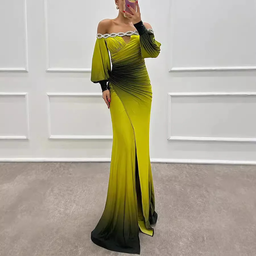 

Long Sleeve Printing Elegant Maxi Dress, Women Spring Summer Slash Neck Fashion Party Dress, 2026 Patchwork Simple Ladies Dress