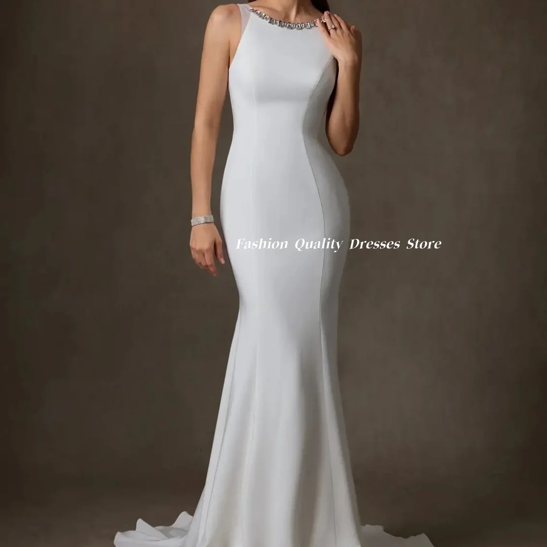 Wedding Dresses Crystal Neck Mermaid Maxi Dress White Slim Fit V Back Bridal Dress For Party Formal Bridal Occasions Customized