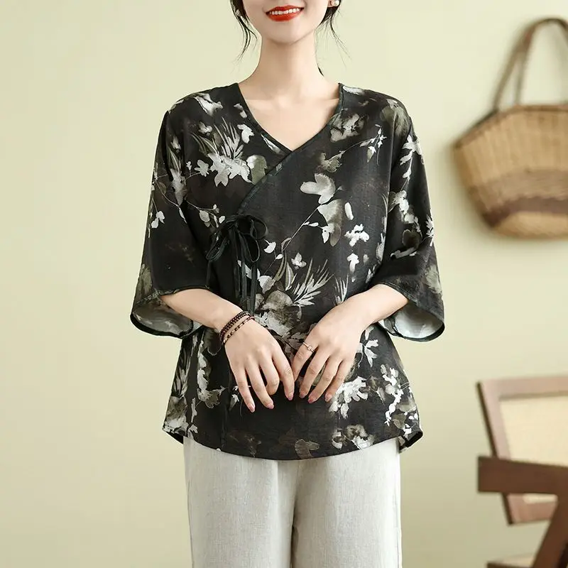 Chiffon New Chinese Style Oblique Collar Watercolor Print Top Summer Vintage Loose Shirt