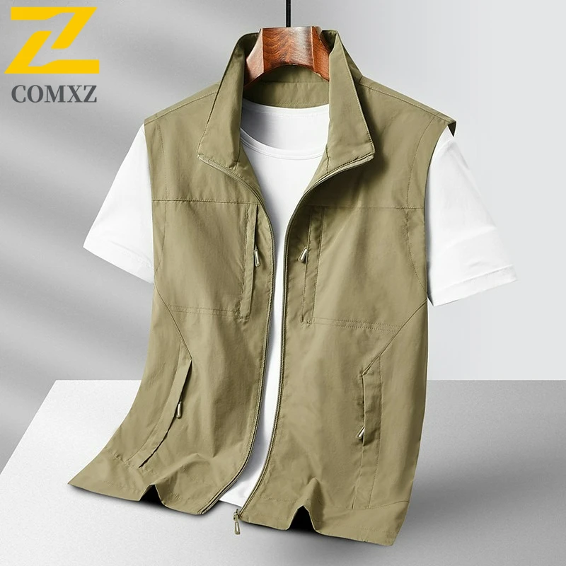 Men Lightweight Utility Vest 2025 New Sleeveless Stand Collar Multi Pocket Vests Outdoor Camping Breathable Versatile Waistcoat