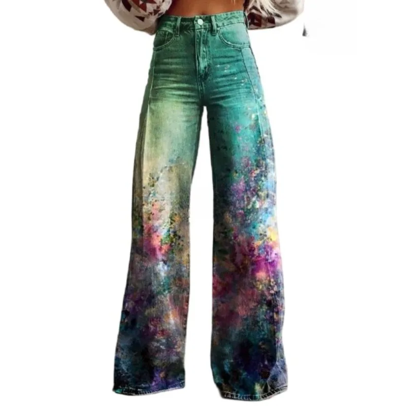 Cross-border European and American Foreign Trade Large-size Thin Imitation Jeans, Women's Casual Pants, Foreign Trade  Wide Legs
