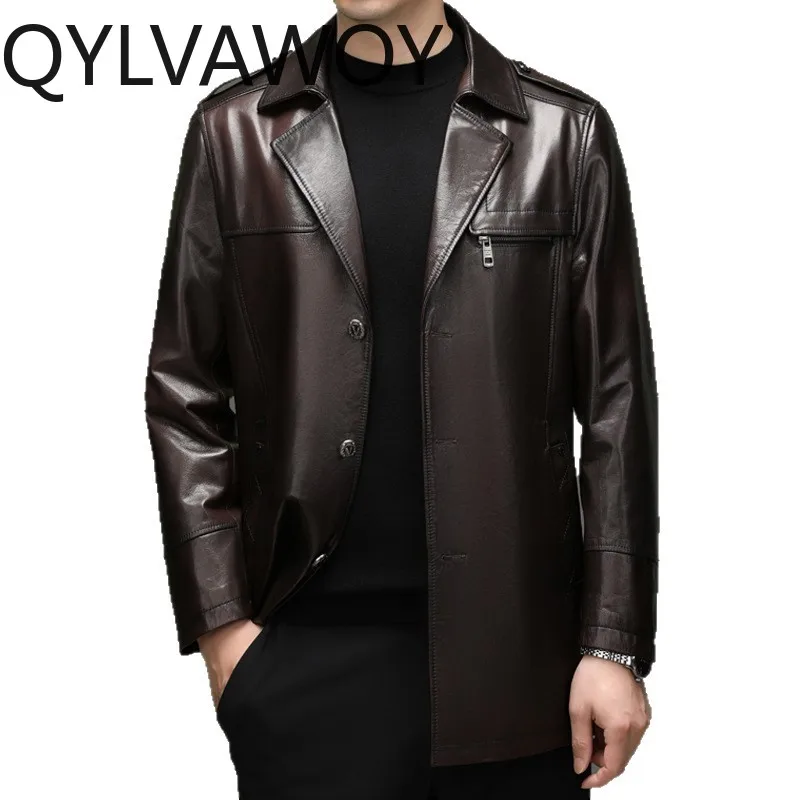 QYLVAWOY Real Leather Jacket Man Goatskin Mid-length Jackets Notched Lapel Single-breasted Jackets for Man Trench Leather Coat