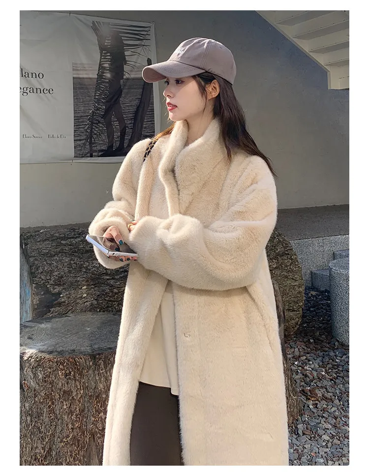 Women's Thick Faux Mink Fur Mid-length Coat Autumn Winter Fashion Stand Collar Plush Outerwear Women Elegant Warm Fluffy Jackets