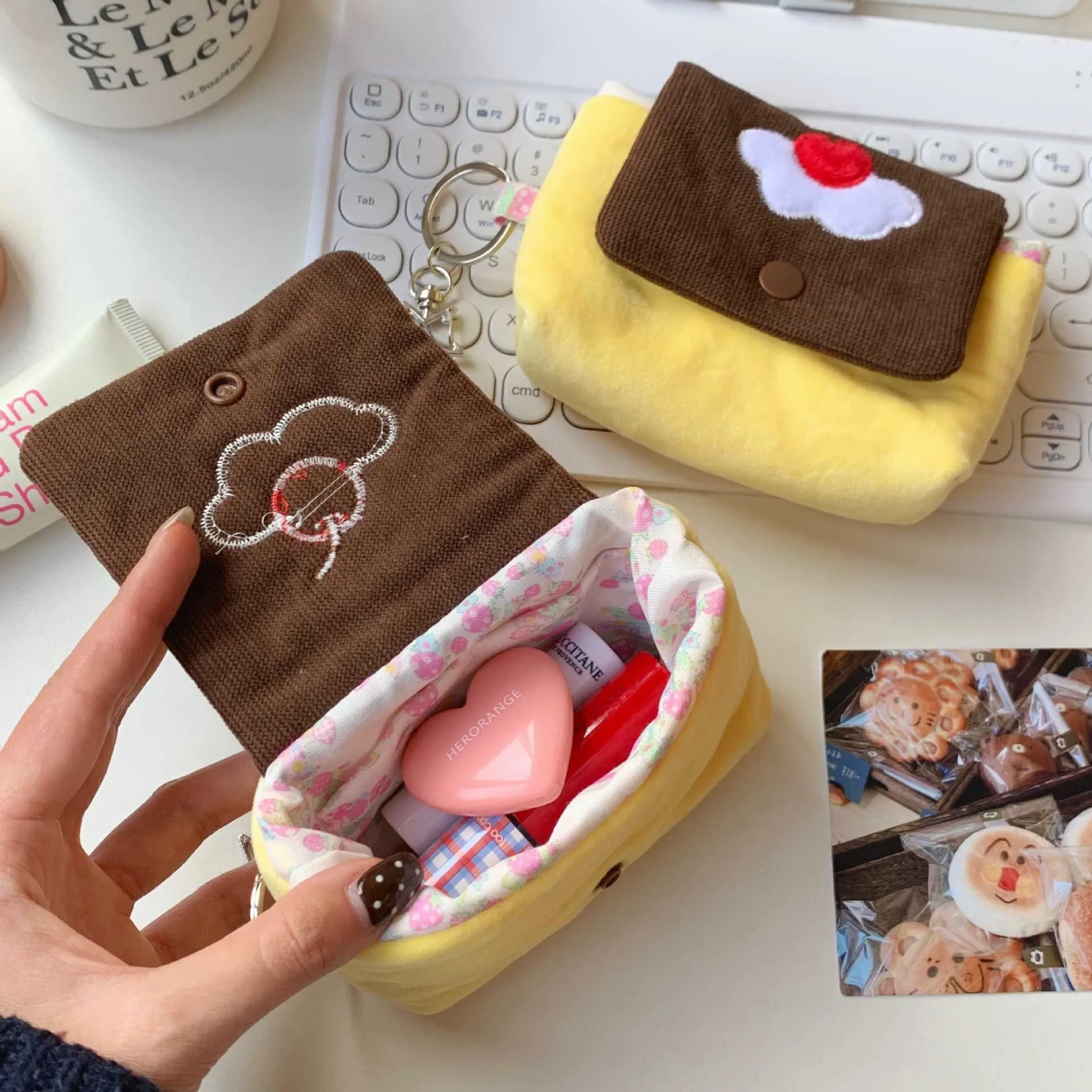 Multifunctional Small Pouch for Girls Cute Cherry Pudding Plush Coin Purse Mini Cartoon Portable Wallet for Cards Earphones Case