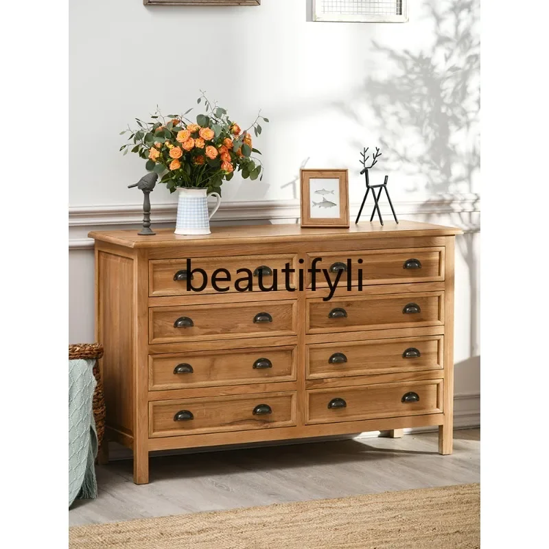 

Vintage Country Style North American White Oak Eight-Drawer Cabinet Solid Wood Retro Distressed Storage Cabinet