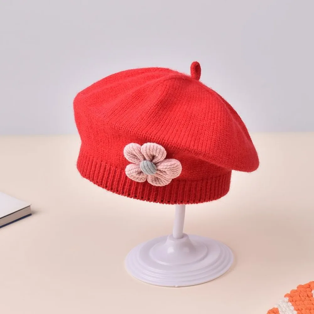 

New Flower Beret Hat Winter Warm Princess Knitted Beanie Cap Korean Artist Knitted Hat For Infant Girls