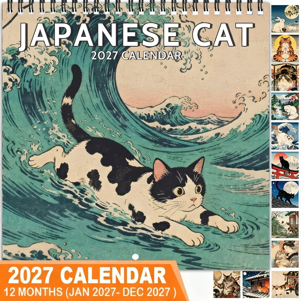 High-Aesthetic Retro Ukiyo-E Art 2027 Calendar, Exquisite Japanese Cat Painting Hanging Monthly Planner Happy New Year Gifts