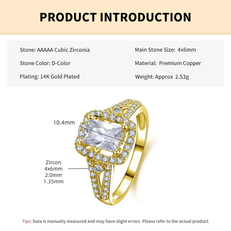 

Кольцо с выращенным в лаборатории бриллиантом огранки «Радиант» цвета D для женщин, с покрытием из золота 14 карат, для помолвки, свадьбы, невесты, золотистого и серебристого цвета, ювелирное изделие