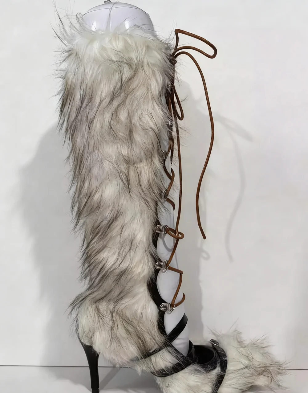 

Sexy Stiletto Heel High Boots Faux Fur Front Cross Lace-Up Pointed Toe Cutout Design Women's High Heel Shoes