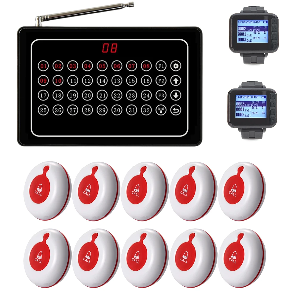 Hospital Wireless Calling System Nurse Call Bell Caregiver Pager for Clinic Nursing Home 1 Receiver 10 Call Button 2 Watch Pager