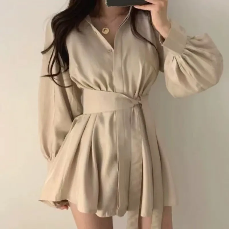 Retro Hong Kong Style Chic Women's Shirt Loose Long Lantern Sleeve Waist-Cinching Spring Autumn New Style Casual Blouse Dress