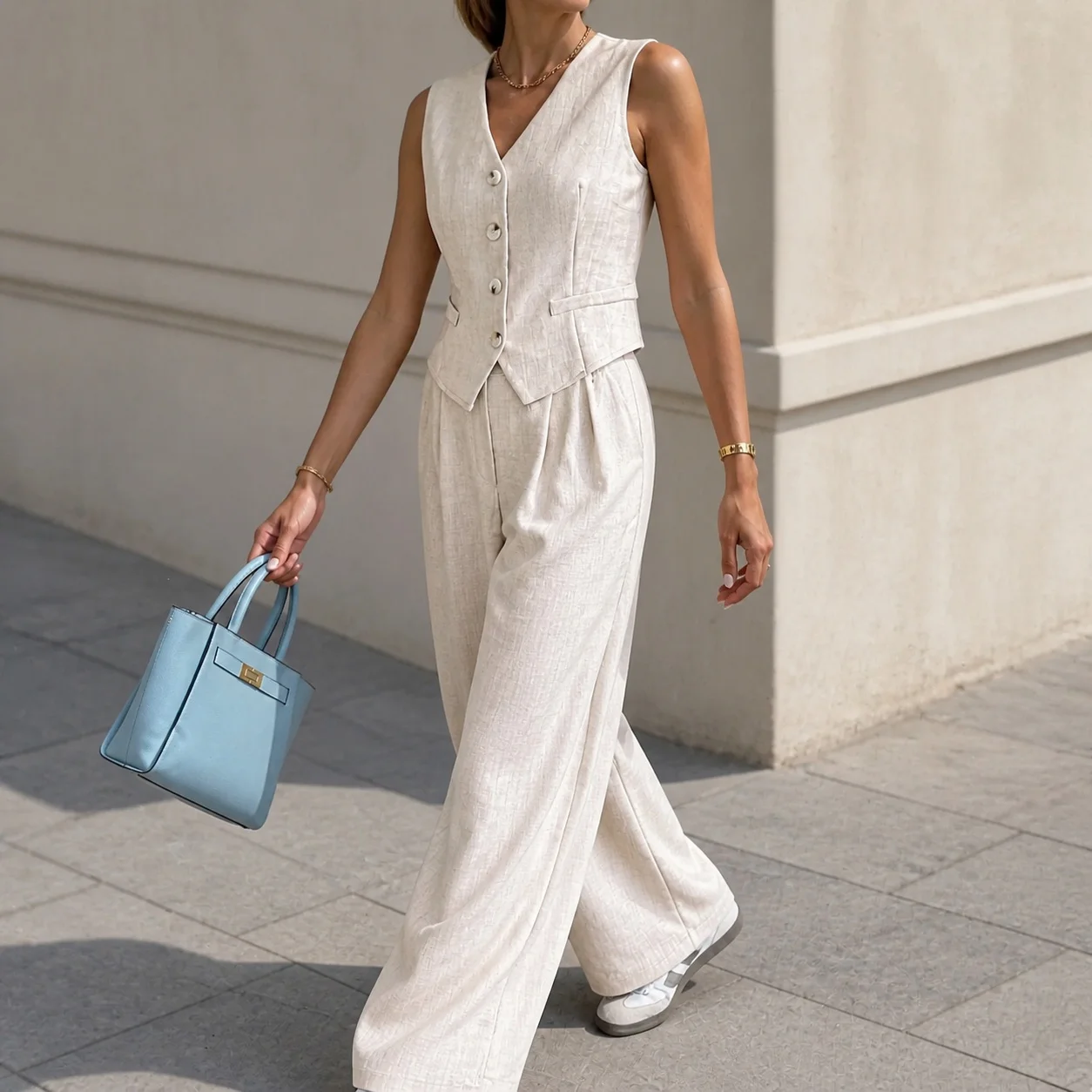 Women's Matching Sets Slim Fit V Neck Sleeveless Solid Color Jumpsuit with Contrast Panel Topstitching Elegant 2-Piece Set