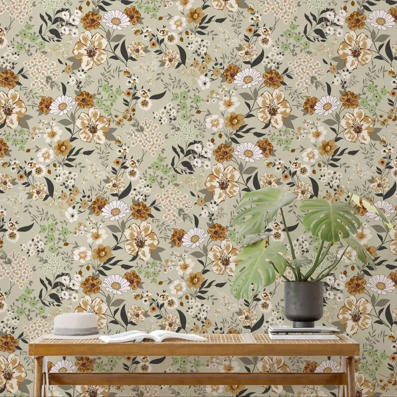 Vintage Flowers Wallpaper Peel and Stick,Neutral Meadow Blooms Floral Wall Mural For Home Decor,Self-adhesive Or Tradition Paper
