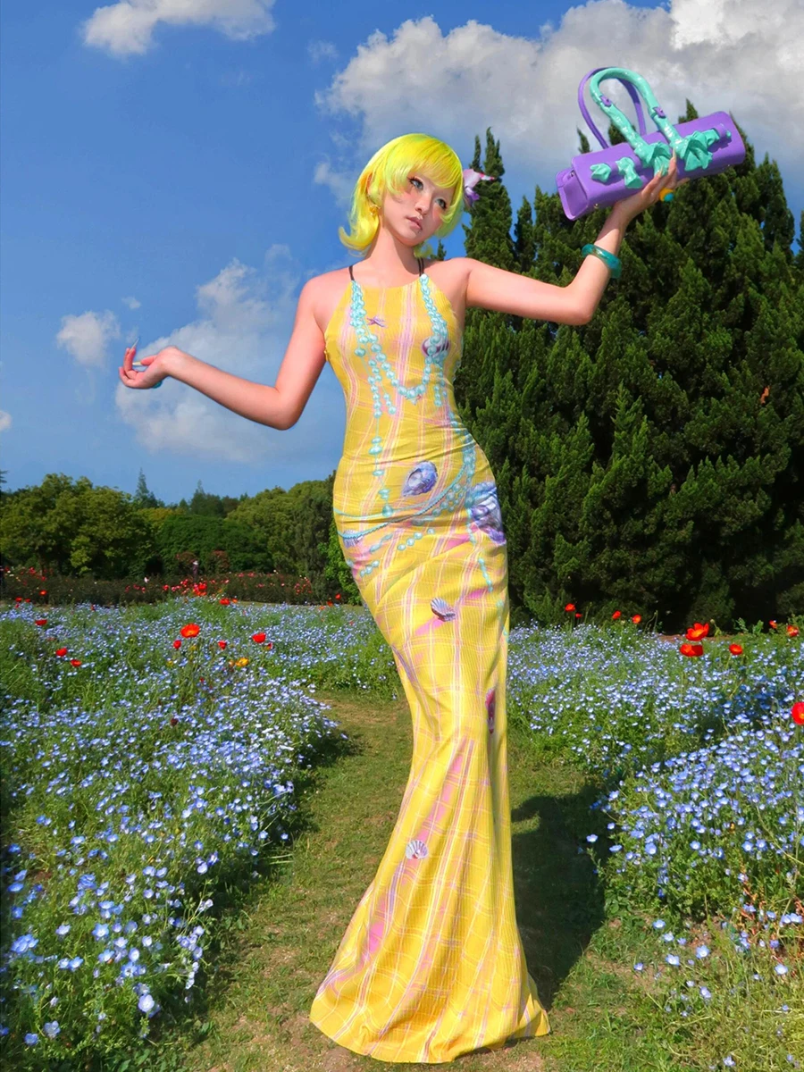 ReddaChic-vestido largo con estampado geométrico de craquel de perlas en 3D para mujer, vestido Retro de tartán Y2k con espalda abierta, trajes de Festival de concierto de verano