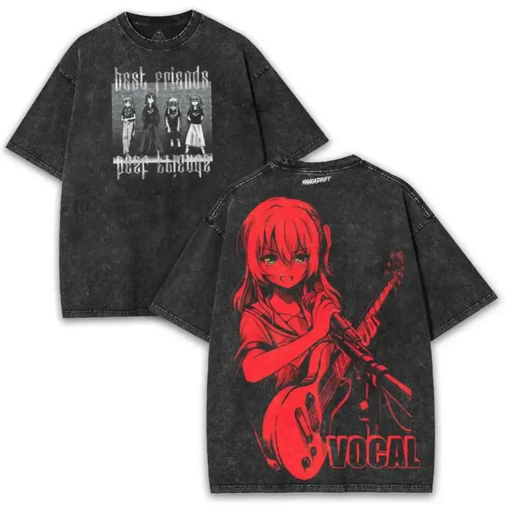 BOCCHI THE ROCK Washed T-shirt Plus Size Unisex personality Clothes New Model Year round clothing Washed Vintage Loose Couples