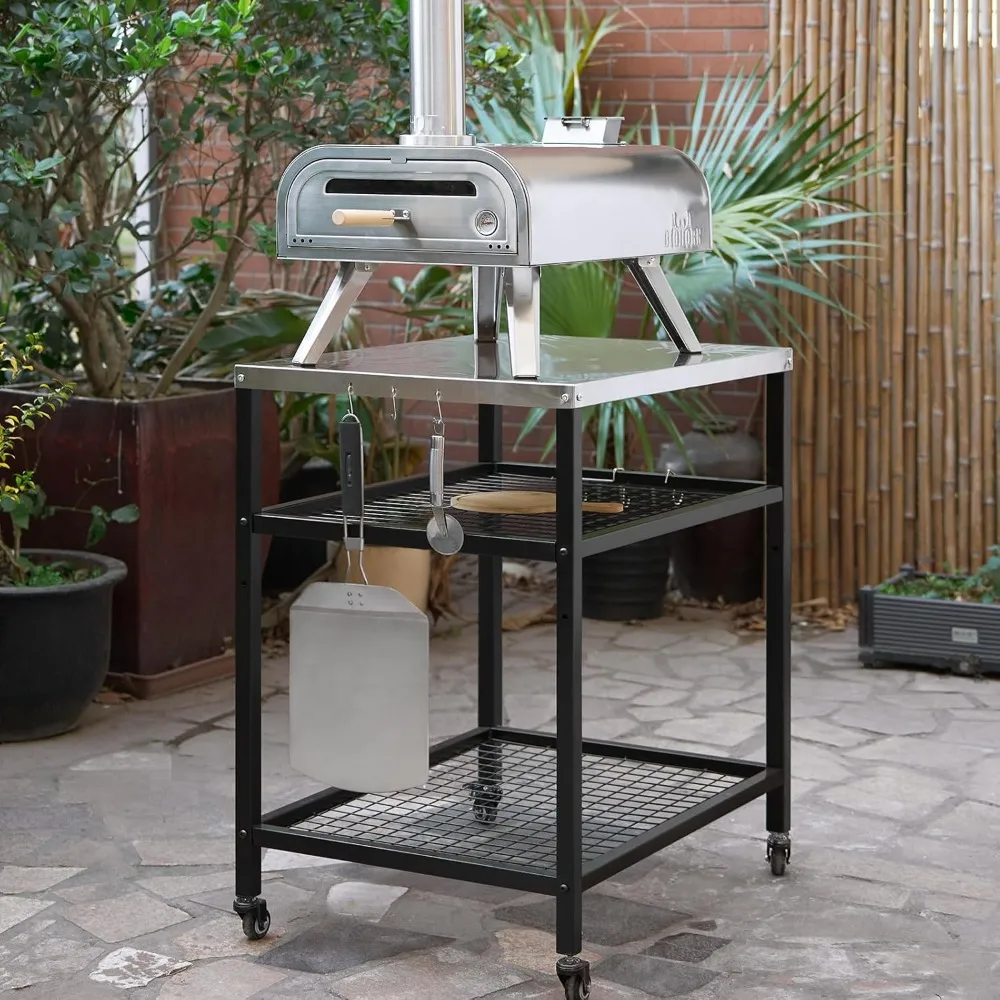 Stainless Steel Grill Cart Pizza Oven Stand Trolley Table with Wheels Three-Shelf Movable Food Prep and Work Cart Table